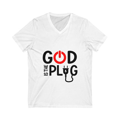 God is the Plug V-Neck Tee for Believers - Unisex Short Sleeve Shirt