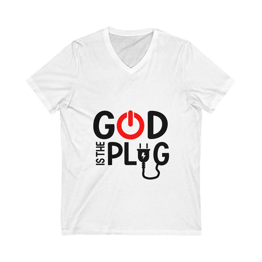 God is the Plug V-Neck Tee for Believers - Unisex Short Sleeve Shirt