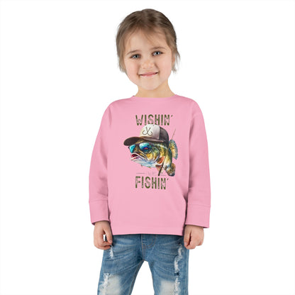 Wishin' I Was Fishin' Toddler Long Sleeve Tee - Fun Fishing Graphic Tee for Kids