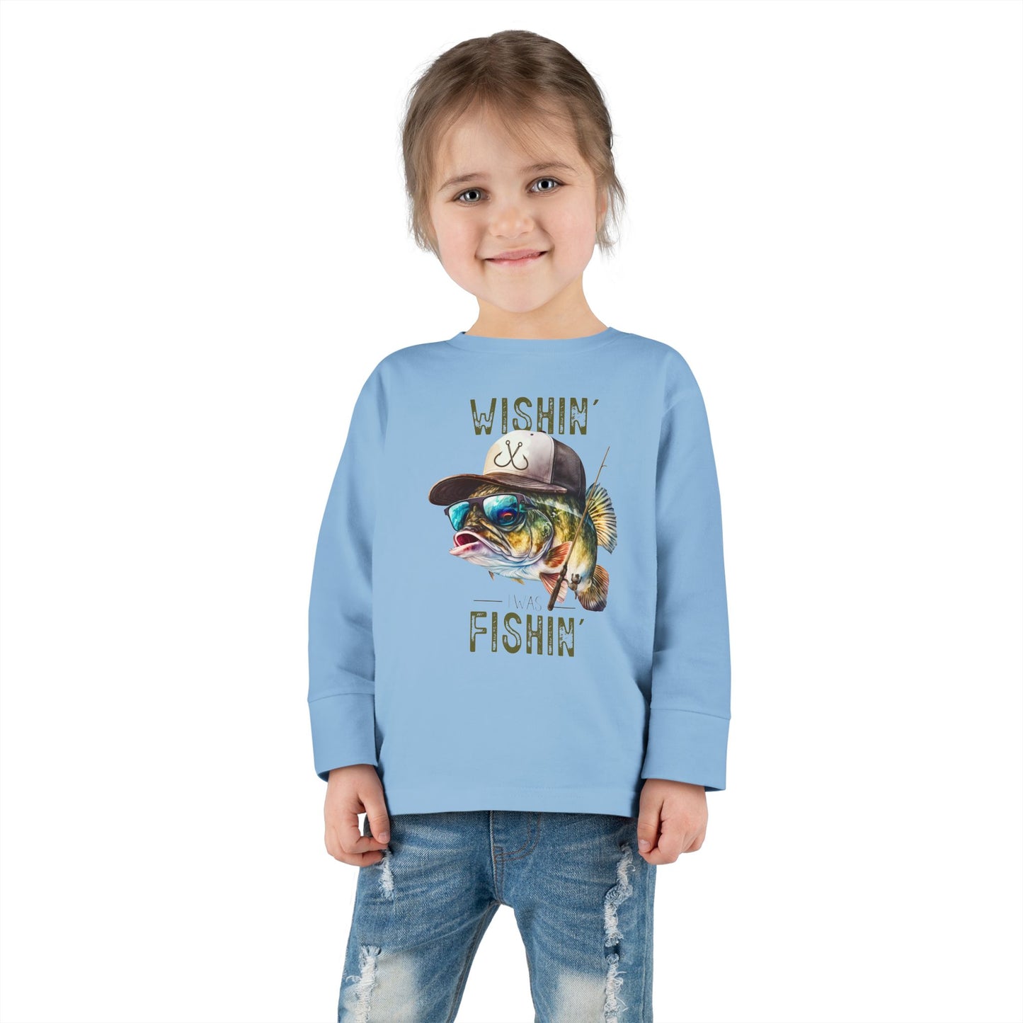 Wishin' I Was Fishin' Toddler Long Sleeve Tee - Fun Fishing Graphic Tee for Kids