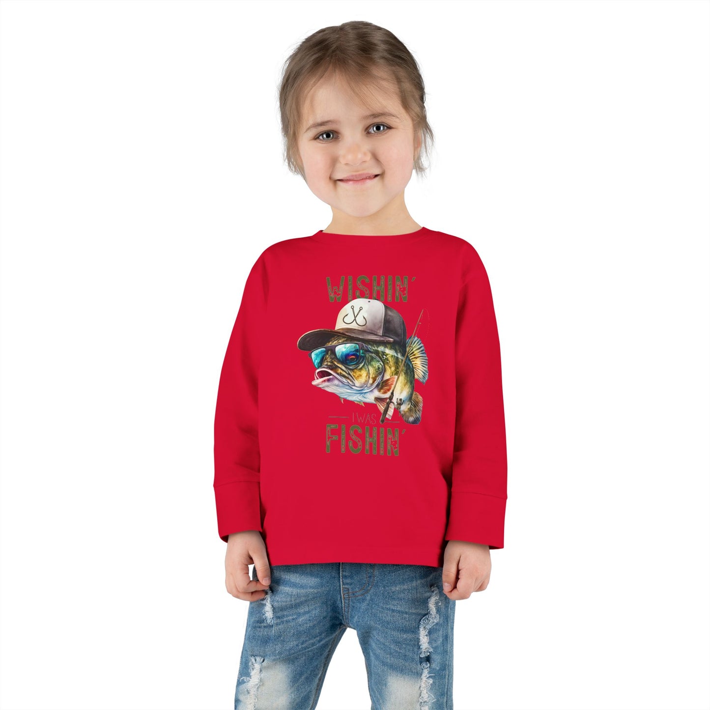 Wishin' I Was Fishin' Toddler Long Sleeve Tee - Fun Fishing Graphic Tee for Kids