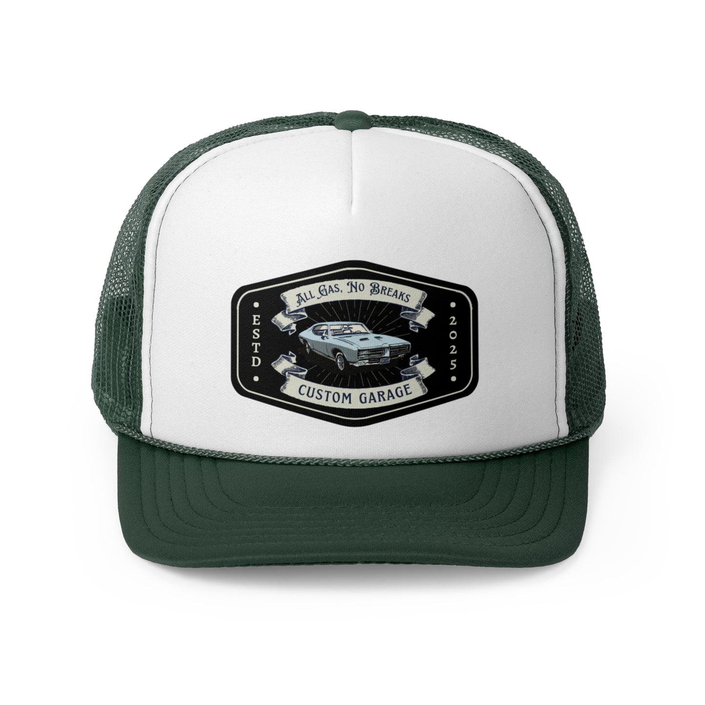 Custom Garage Trucker Cap - All Gas, No Breaks Hat for Car Enthusiasts