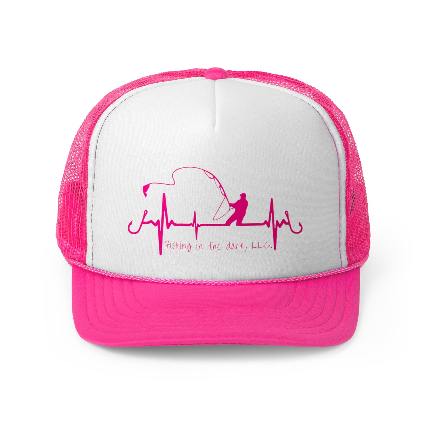 Fishing in the Dark Trucker Cap - Pink Fishing Heartbeat Design