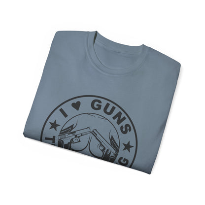 Funny Unisex Cotton Tee - "I ❤️ Guns, Titties & Fishing"