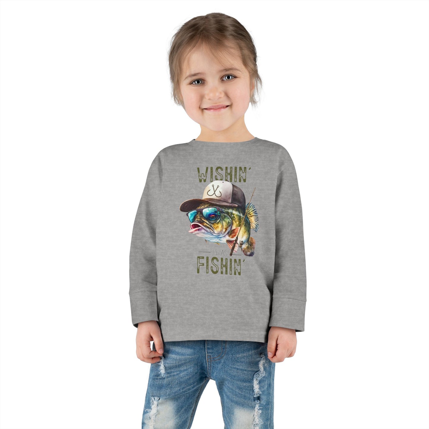 Wishin' I Was Fishin' Toddler Long Sleeve Tee - Fun Fishing Graphic Tee for Kids