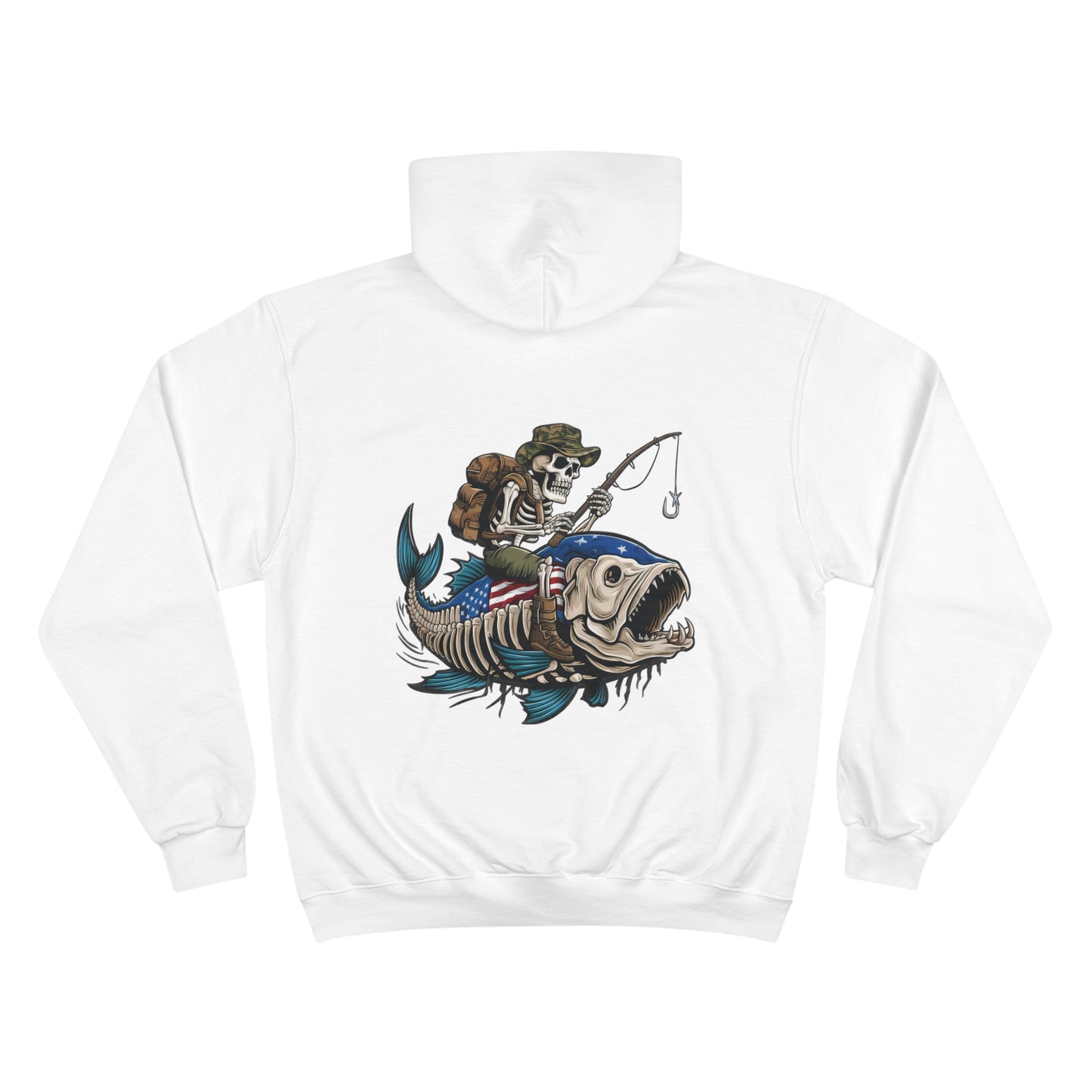 Skeleton Fishing in the Dark Champion Hoodie - White USA Flag Design