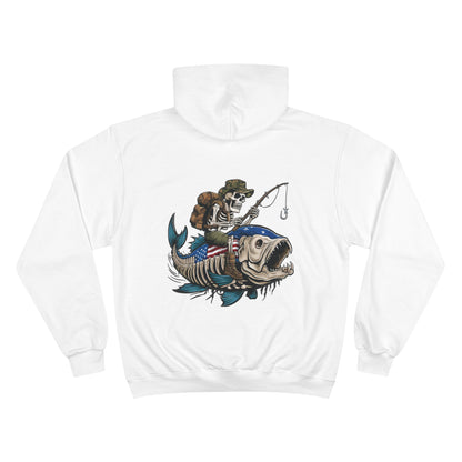 Skeleton Fishing in the Dark Champion Hoodie - White USA Flag Design