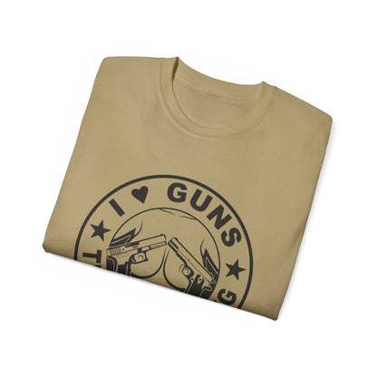 Funny Unisex Cotton Tee - "I ❤️ Guns, Titties & Fishing"