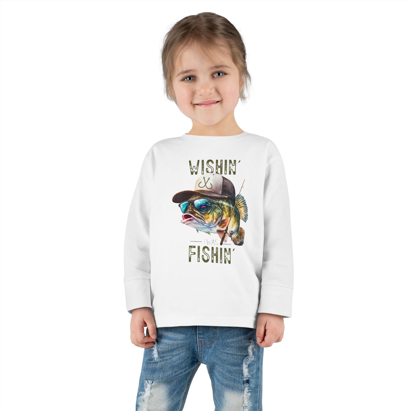 Wishin' I Was Fishin' Toddler Long Sleeve Tee - Fun Fishing Graphic Tee for Kids