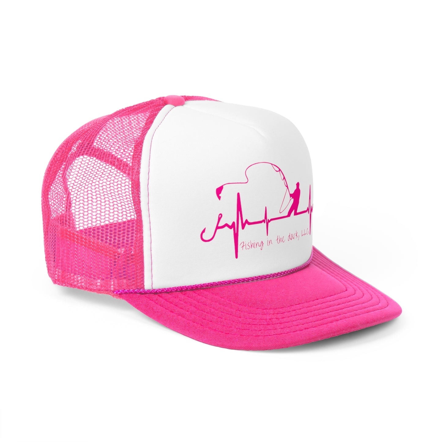 Fishing in the Dark Trucker Cap - Pink Fishing Heartbeat Design