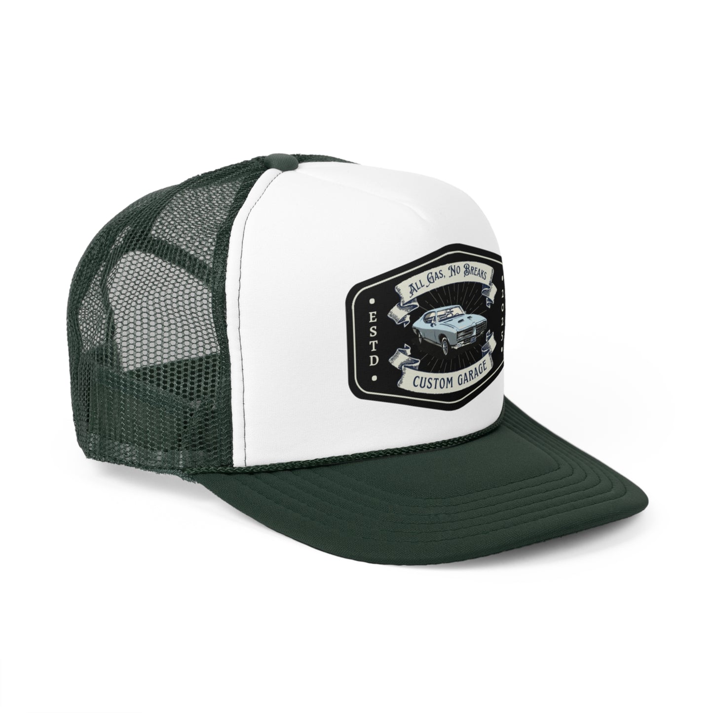 Custom Garage Trucker Cap - All Gas, No Breaks Hat for Car Enthusiasts