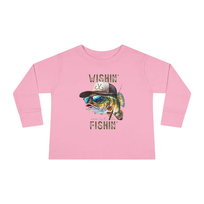 Wishin' I Was Fishin' Toddler Long Sleeve Tee - Fun Fishing Graphic Tee for Kids