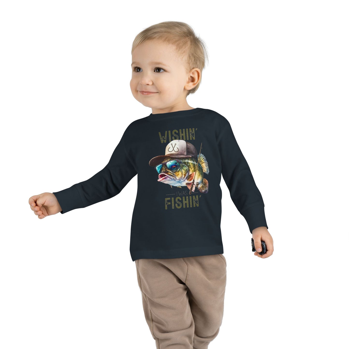 Wishin' I Was Fishin' Toddler Long Sleeve Tee - Fun Fishing Graphic Tee for Kids