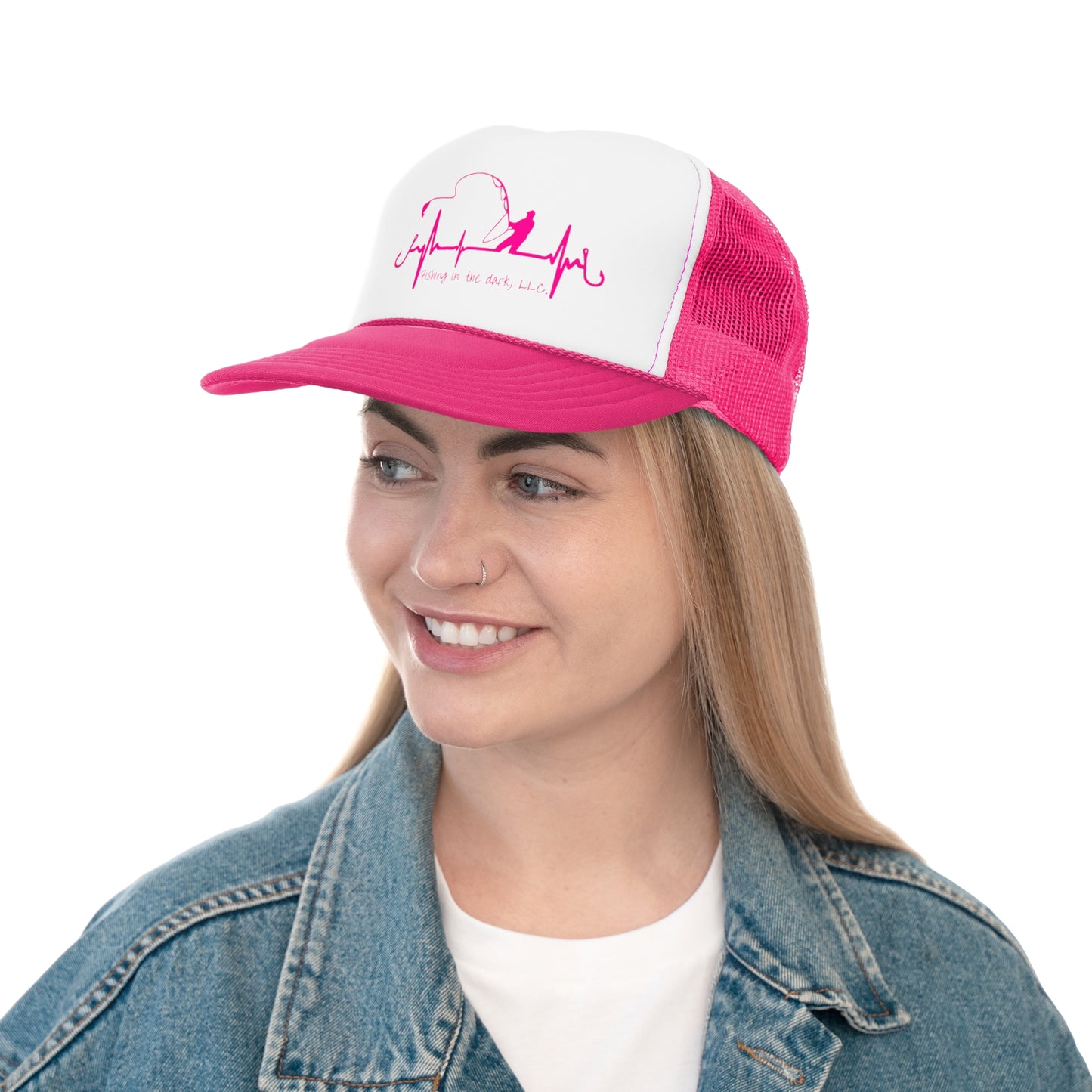 Fishing in the Dark Trucker Cap - Pink Fishing Heartbeat Design