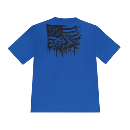 Unisex Moisture Wicking Tee with American Flag and Fish Design - Perfect for Outdoor Enthusiasts